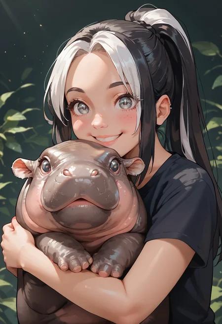 score_9, score_8_up, 1woman, black hair, white highlights, grey eyes, long hair, ponytail, smiling, happy, hugging animal, p3tl0v3, moo deng, hippo, cute <lora:Moo_DengXLP:0.8> no humans, <lora:p3tl0v3XLP:0.8>