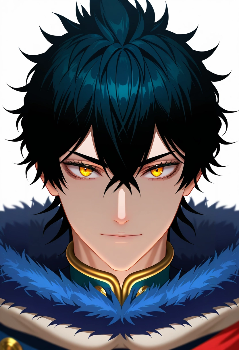 masterpiece, best quality, intricate details, (3d:0.4), looking at viewer, 1boy, solo, male focus, <lora:yuno_black_clover_ilxl:0.98>, yuno_black_clover, black hair, yellow eyes, short hair, hair between eyes, fur trim, ,
