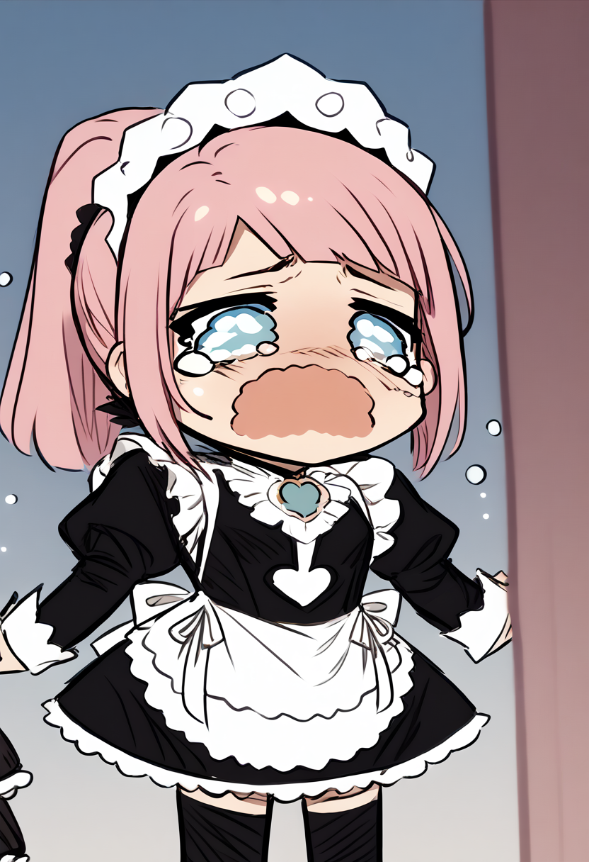 score_9, score_8_up, score_7_up, IncrsSesCry, chibi, tears, crying, <lora:SesieldCry_pdxl_Incrs_v1:1.2>, sketch, lineart, <lora:felicia-fe-richy-v1_xl:0.9> feliciadef, pink hair, ponytail, blue eyes, maid headdress, brooch, maid apron, black thighhighs,
