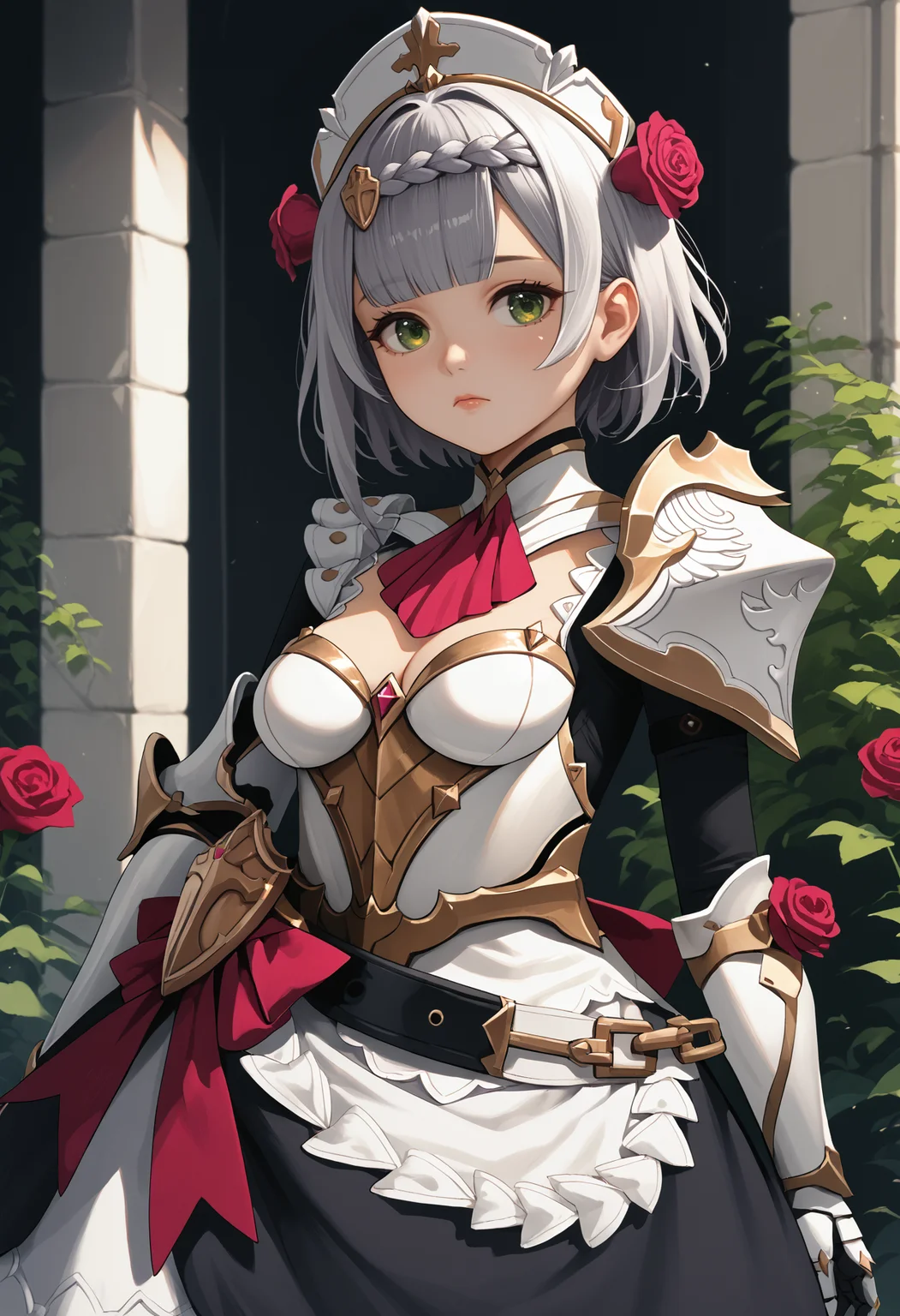 score_9, score_8_up, score_7_up, source_anime BREAK 1girl, solo, <lora:noelle-gi-richy-v1_pdxl:1> nldf, green eyes, grey hair, short hair, braid, blunt bangs, hair ornament, maid headdress, hair flower, red rose, pink ascot, breastplate, breasts, cleavage, bodystocking, shoulder armor, armored dress, single shoulder pad, white gauntlets, belt, maid apron, pantyhose, armored boots