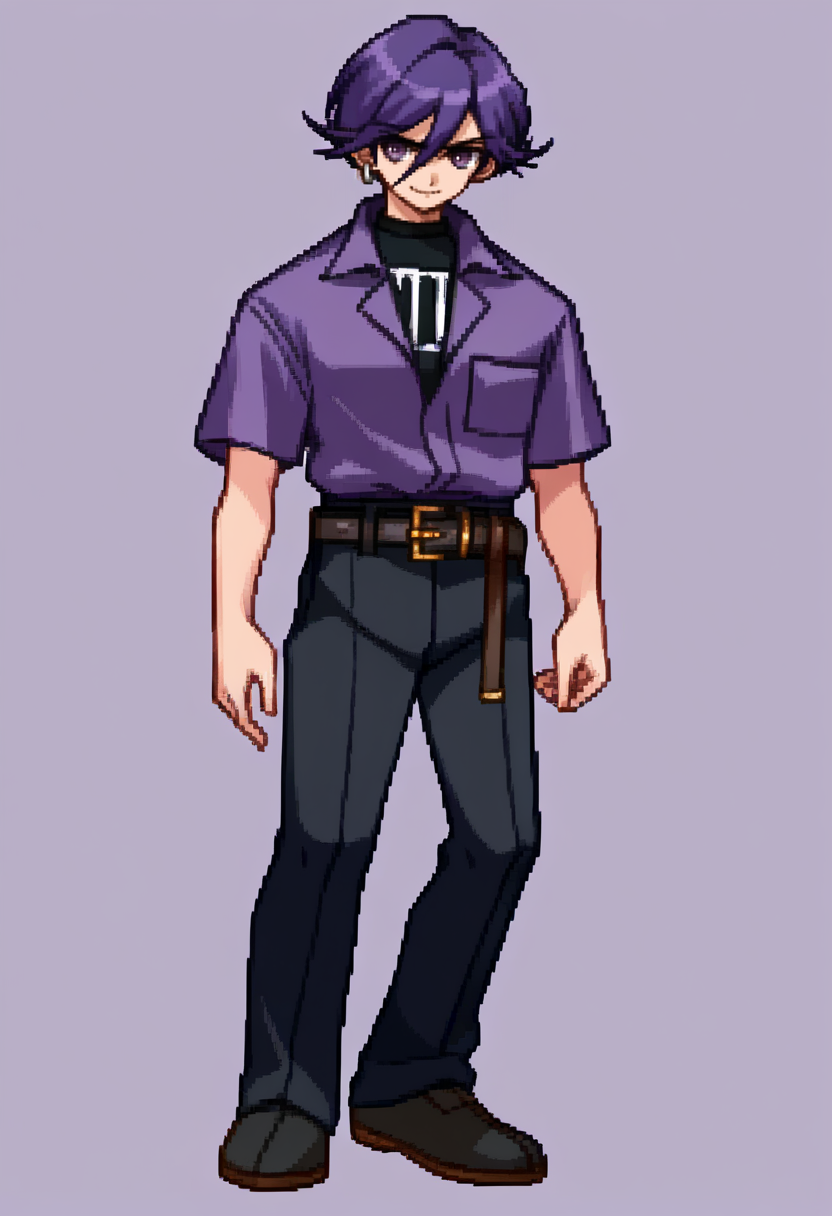 score_9, score_8_up, score_7_up, source_anime, BREAK, solo, 1boy, smile, looking at viewer,  <lora:Arcana-Heart-Sprites-pdxl_Fp:1>, simple background, full body, standing, <lora:Naoya-pdxl_Fp:1>, naoya25a, shirt tucked in, purple shirt, black pants, black shirt, belt, single earring, purple eyes, purple hair,