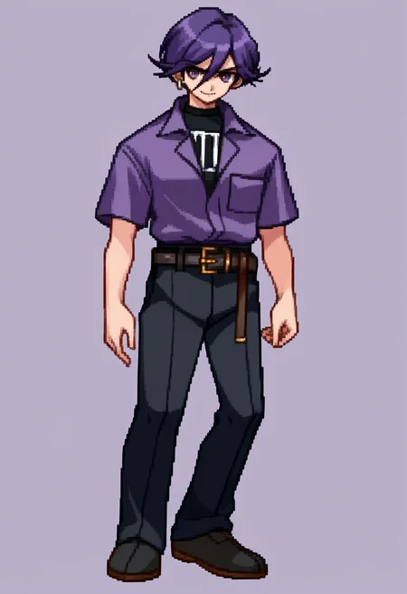 score_9, score_8_up, score_7_up, source_anime, BREAK, solo, 1boy, smile, looking at viewer, <lora:Arcana-Heart-Sprites-pdxl_Fp:1>, simple background, full body, standing, <lora:Naoya-pdxl_Fp:1>, naoya25a, shirt tucked in, purple shirt, black pants, black shirt, belt, single earring, purple eyes, purple hair,