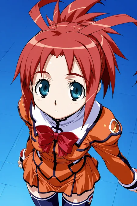 masterpiece, best quality, stellvia_arisa_glennorth_ilxl, 1girl, solo, <lora:stellvia_arisa_glennorth_ilxl:0.9>, orange shirt, orange skirt, zettai ryoiki, Navy blue tights, upper body, from front, from above, red hair