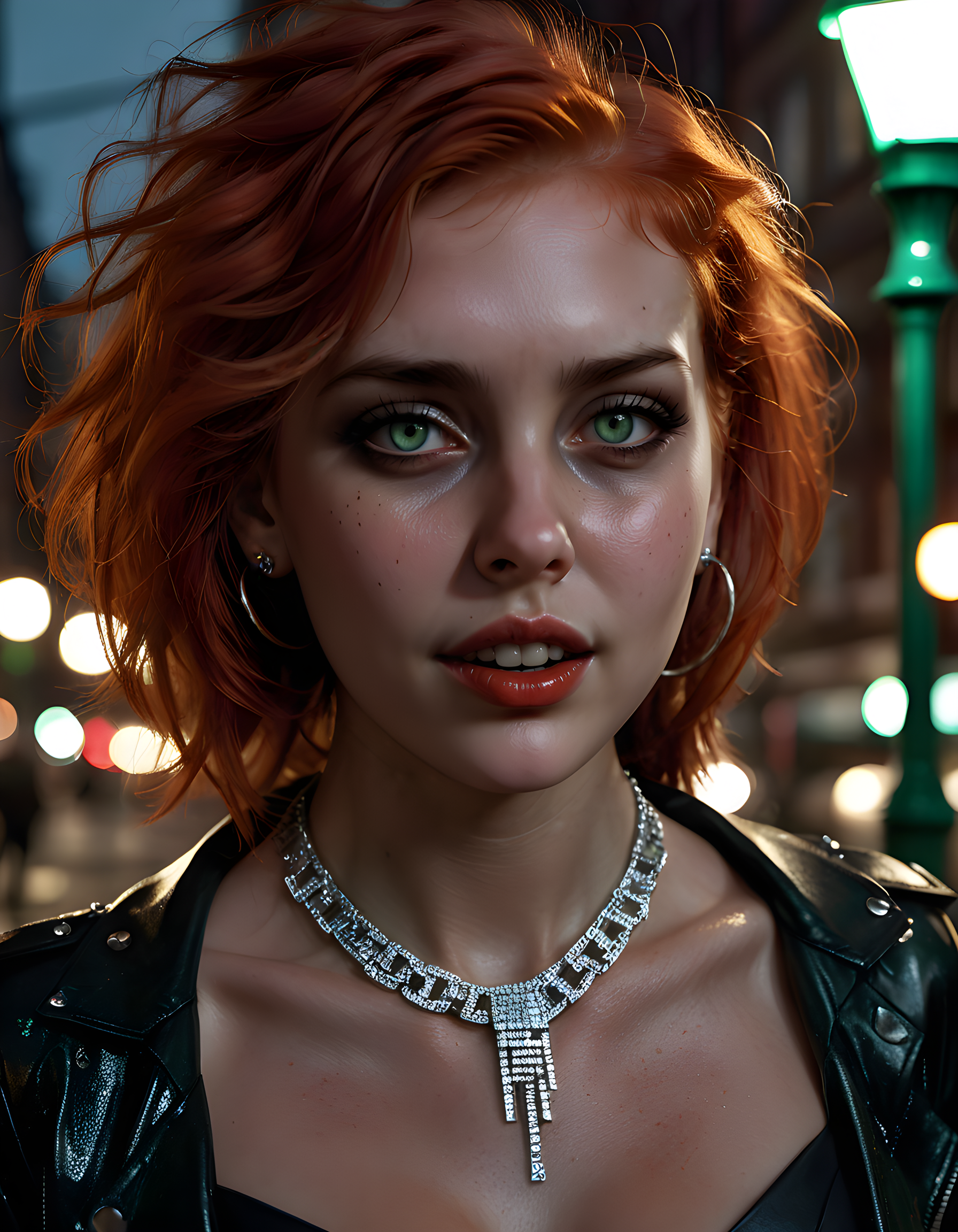 In a gritty, neo-noir cityscape at dusk, the enigmatic H4Z3L6, with her fiery red hair cascading down to her waist, adorned in a striking, asymmetrical, black and silver outfit that seems to shimmer under the dim, streetlight glow. Her piercing green eyes are framed by freckles, and her lips are slightly parted to reveal a set of perfect, white teeth. She wears an intricate, sparkling necklace that catches the light as she tilts her head subtly, locking eyes with the viewer in a tense, intimate, close-up portrait, the city's gritty details blurred behind her, casting a mysterious and captivating aura.