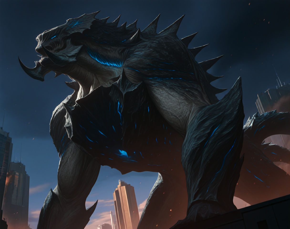 score_9, score_8_up, score_7_up, 
8K, In'ei, chiaroscuro, perfect depth of field shot, beautiful, sharp focus, crisp details, masterclass animation, photographic realism, source_anime, 
<lora:Mega_Kaiju_(Pacific_Rim)_(Illustrious)_(AD):1.35> Mega Kaiju, Pacific Rim, muscular, kaiju, 
exterior, night sky with dark clouds, city skyline, destroyed skyscrapers, chaotic war zone, dark smoke, 
dynamic action, bent leg, cowboy shot, dutch angle, low angle shot, solo, 
titanic, gigantic, end boss, 2tails, blue glow, no humans, 
BREAK Smooth Quality, IllusP0s,