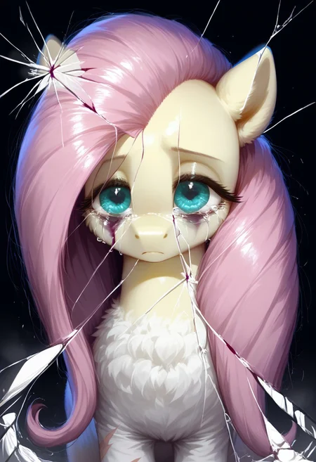 rating_questionable, score_9, score_8_up, score_7_up, pony, feral, fluttershy, reflection, Broken glass, dark theme, moody, bags under eyes, depressed, purple blood, scars, charming eyes, small tears, detailed, realistic, BREAK, zPDXL3, MegaFluffyPony, fluffy, shiny,