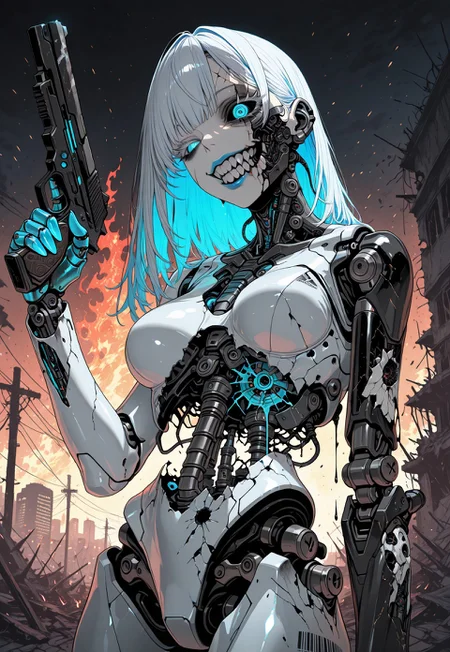 masterpiece, best quality, ultra detailed, very aesthetic, hdr, 8K, very awa, low light, dark shadows, newest, highres, sci-fi theme, white face, shiny white latex skin, high-res, solo robotic female, long white gothic hair, white thick eyelashes, glowing neon blue eyes, neon blue lips, limp body, neon blue light details over body and face, glowing neon blue fingers, black sclera, large eyes, joints, robot joints, robot ears, neon blue transparent mechanical parts, robotic feat, transparent body, black barcode on stomach, glowing lights, depth of field, holding a small gun in hand, covered in scars, broken wires, one arm, battlefield background, destroyed cities, bullet hole wounds leaking black oil, creepy face, missing jaw, missing eye, missing parts, red fire in background, city on fire, cracks, sparks, black oil on body, dripping black oil, missing teeth,