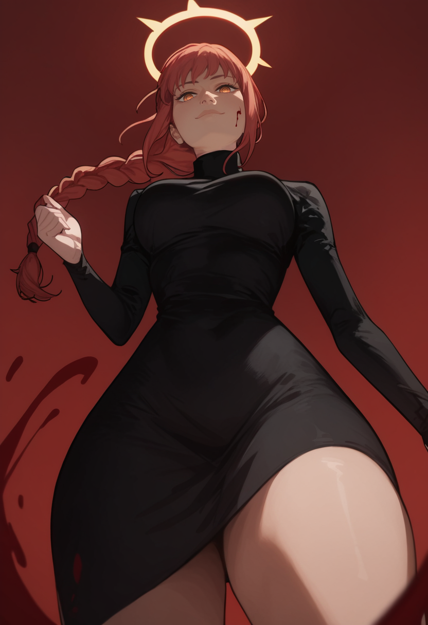 score_9, score_8_up, score_7_up, score_6_up, aesthetic , 1girl, mak1ma0, red hair, long hair, ringed eyes, braided ponytail, black dress , medium breasts, thick thighs, wide hips, ((blood halo)), ((from below)) , looking at viewer , looking down, red background, simple background, standing, taut clothes , taut dress, light smile, arched back, hands behind,
upper body shot,
<lora:Expressive_H:1>,  <lora:incase-ilff-v3-4:0.3>,  <lora:saigalisk_pd:0.8>   <lora:mak1ma0XL_Pony_v1:0.8>