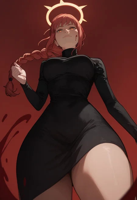 score_9, score_8_up, score_7_up, score_6_up, aesthetic , 1girl, mak1ma0, red hair, long hair, ringed eyes, braided ponytail, black dress , medium breasts, thick thighs, wide hips, ((blood halo)), ((from below)) , looking at viewer , looking down, red background, simple background, standing, taut clothes , taut dress, light smile, arched back, hands behind,
upper body shot,
<lora:Expressive_H:1>, <lora:incase-ilff-v3-4:0.3>, <lora:saigalisk_pd:0.8> <lora:mak1ma0XL_Pony_v1:0.8>