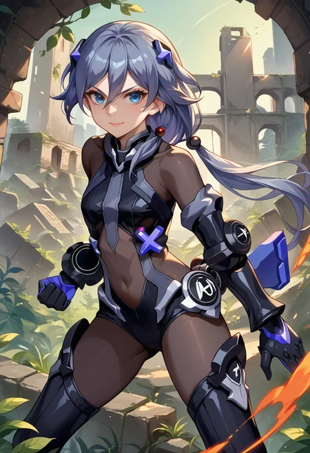 score_9, score_8_up, source_anime, HuaShadow, blue eyes, grey hair, long hair, low ponytail, hair ornament, black bodysuit, power suit, detached sleeves, black gauntlets, covered navel, black thigh boots, fighting stance, smile, outdoors, ruins, <lora:ChamFuHuaPonyXL:1>
