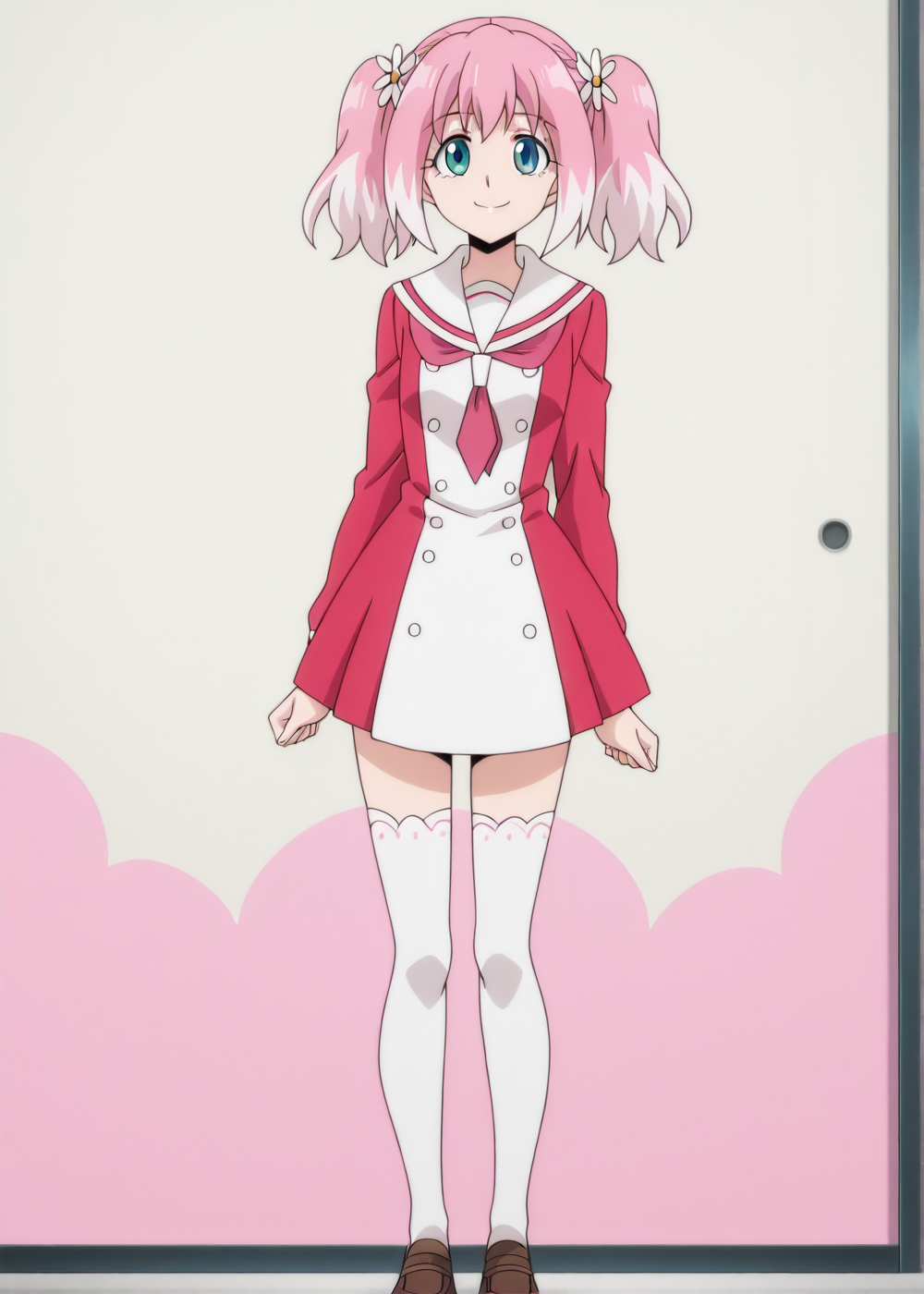 NanaH, turquoise eyes, anime, anime coloring, anime screenshot, anime screencap, stockings, white stockings with pink patterns, sailor collar, pink shape, sailor red tie, 1girl, solo, school uniform, twintails, pink hair, hair ornament, shoes, hair flower, flower, white thighhighs smile
