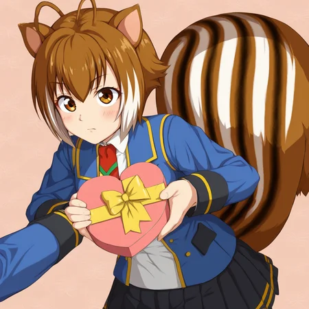 1girl, solo focus, holding box, valentine, brown eyes, brown hair, antennae hair, squirrel tail, squirrel ears, school uniform, white button shirt, blue coat, red tie, pleated skirt, black skirt,