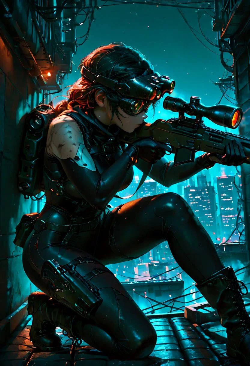 Smooth Quality, 1girl, solo, black bodysuit, holster, holding gun, sniper rifle, science fiction, aiming, on one knee, on roof, cityscape, night vision device, boots, night sky, dark, from side, cowboy shot, dynamic angle, <lora:SmoothMix_Illustrious_v2:1> <lora:Smooth_Booster:0.5> <lora:Smooth_Lighting_Enhancer:0.5>