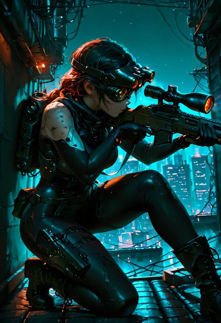 Smooth Quality, 1girl, solo, black bodysuit, holster, holding gun, sniper rifle, science fiction, aiming, on one knee, on roof, cityscape, night vision device, boots, night sky, dark, from side, cowboy shot, dynamic angle, <lora:SmoothMix_Illustrious_v2:1> <lora:Smooth_Booster:0.5> <lora:Smooth_Lighting_Enhancer:0.5>