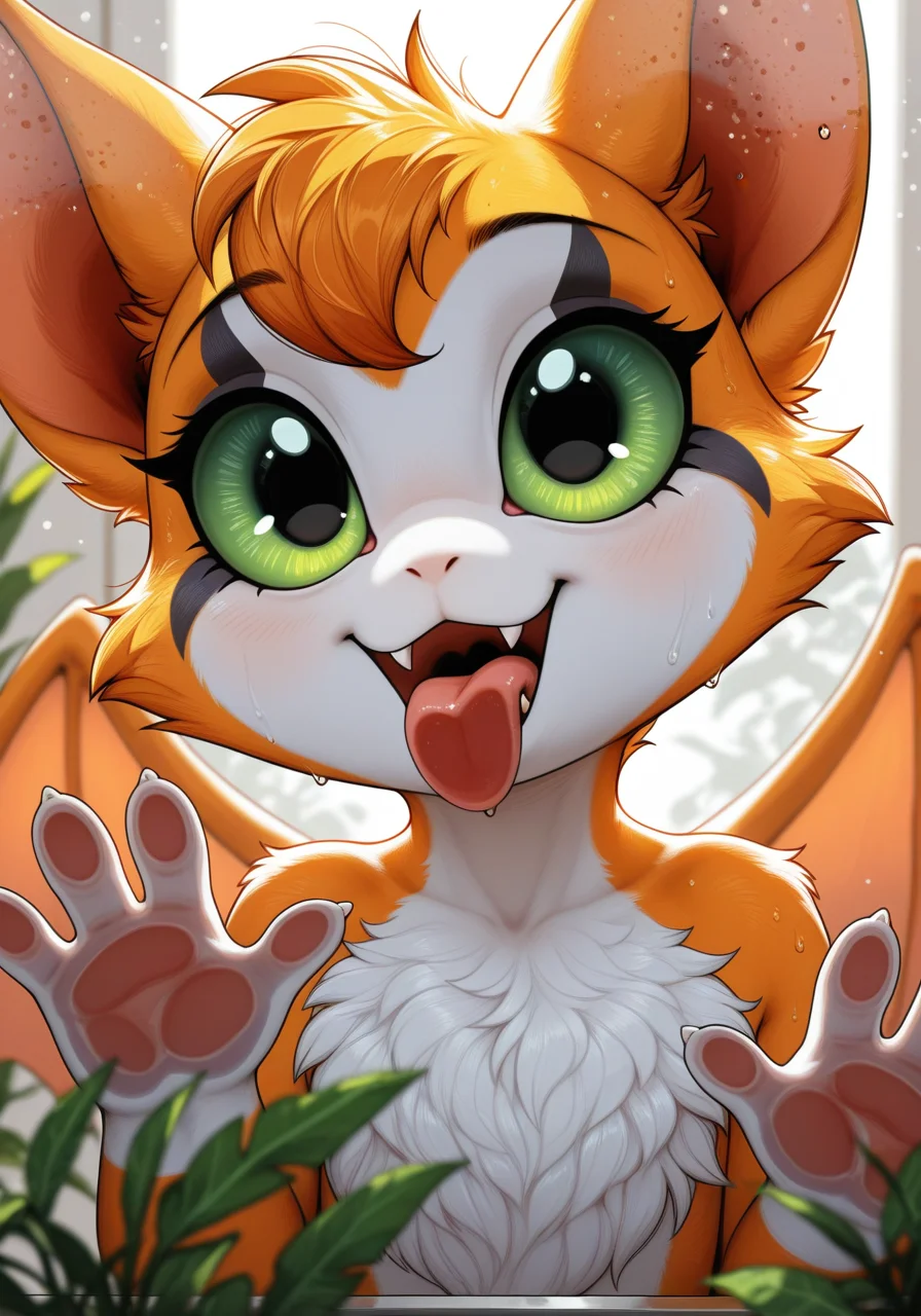 solo furry, fidget \(elysian tail\), nimbat, membranous wings, fluffy, portrait, big eyes, young, cute fangs, (licking screen, licking glass:1.25), BREAK, masterpiece, best quality, high quality, particles effect, [:by Desubox:0.15], [:by Anchee, by Snowskau:0.55], detailed background, detailed foreground, silhouette, depth of field, backlighting, plant, water drop