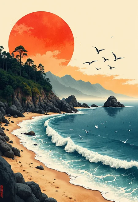 traditional japanese art style, ,rice paper, grunge, ink, watercolor, beach, sea, islands, waves, seabirds, sunset, wabi-sabi