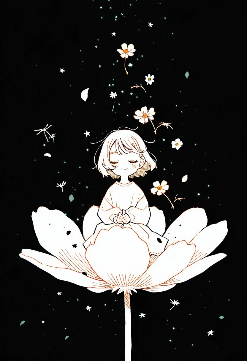 artist: oharu-chan, artist: akai sashimi, (99 yen \(tsubura\):1.2),
newest, masterpiece, highres, year 2024, year 2023,
cute, hatching \(texture\), flowers, (black petals floating around:1.2), mini cute person sitting on a dandelion, flower petals, solo, 1girl, facing viewer, closed eyes, happy, blush, light smile, split mouth,
scenery, cosmos, stars, night,