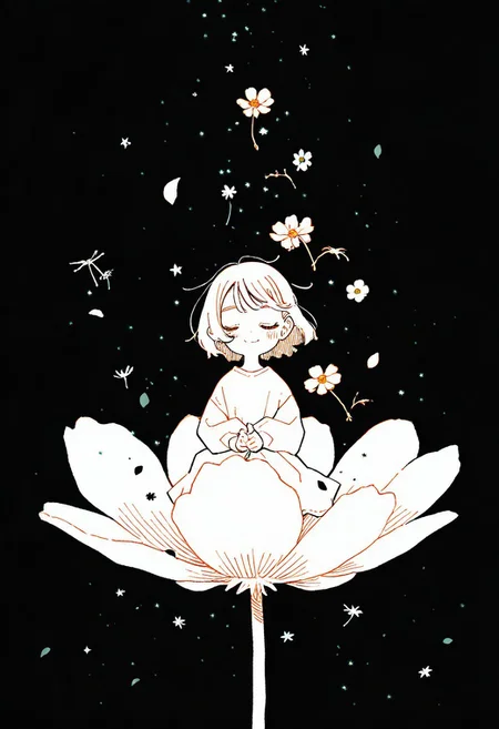 artist: oharu-chan, artist: akai sashimi, (99 yen \(tsubura\):1.2), 
newest, masterpiece, highres, year 2024, year 2023,
cute, hatching \(texture\), flowers, (black petals floating around:1.2), mini cute person sitting on a dandelion, flower petals, solo, 1girl, facing viewer, closed eyes, happy, blush, light smile, split mouth, 
scenery, cosmos, stars, night,