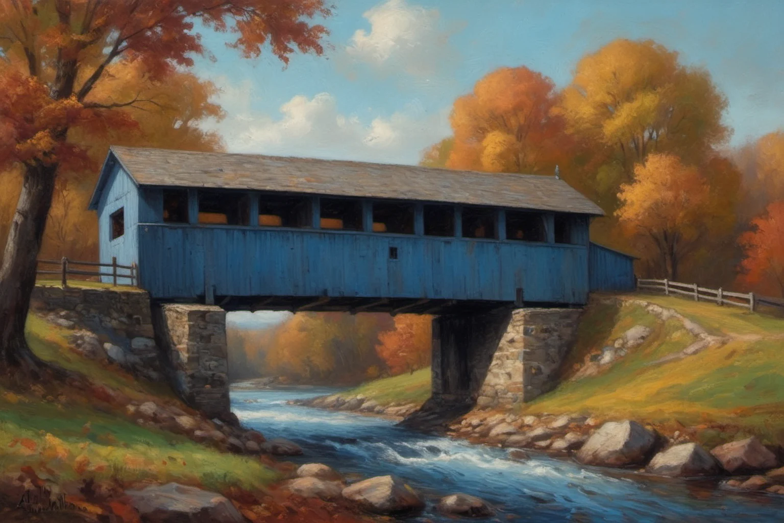 <lora:Wolvie_n3br1dg3s_v1.1:1> n3br1dg3s, an oil painting of a covered bridge, river cross view, painted blue, <lora:d\EnvyOilPastelXL01:1>, oil, signed by "A.I. Wolvie", colorful, saturated, textured, 32k, fantastic realism, complex background, painting, master painter, 1700s, <lora:PaletteKnife:1> by palette knife, palette knife, scenery, autumn leaves
