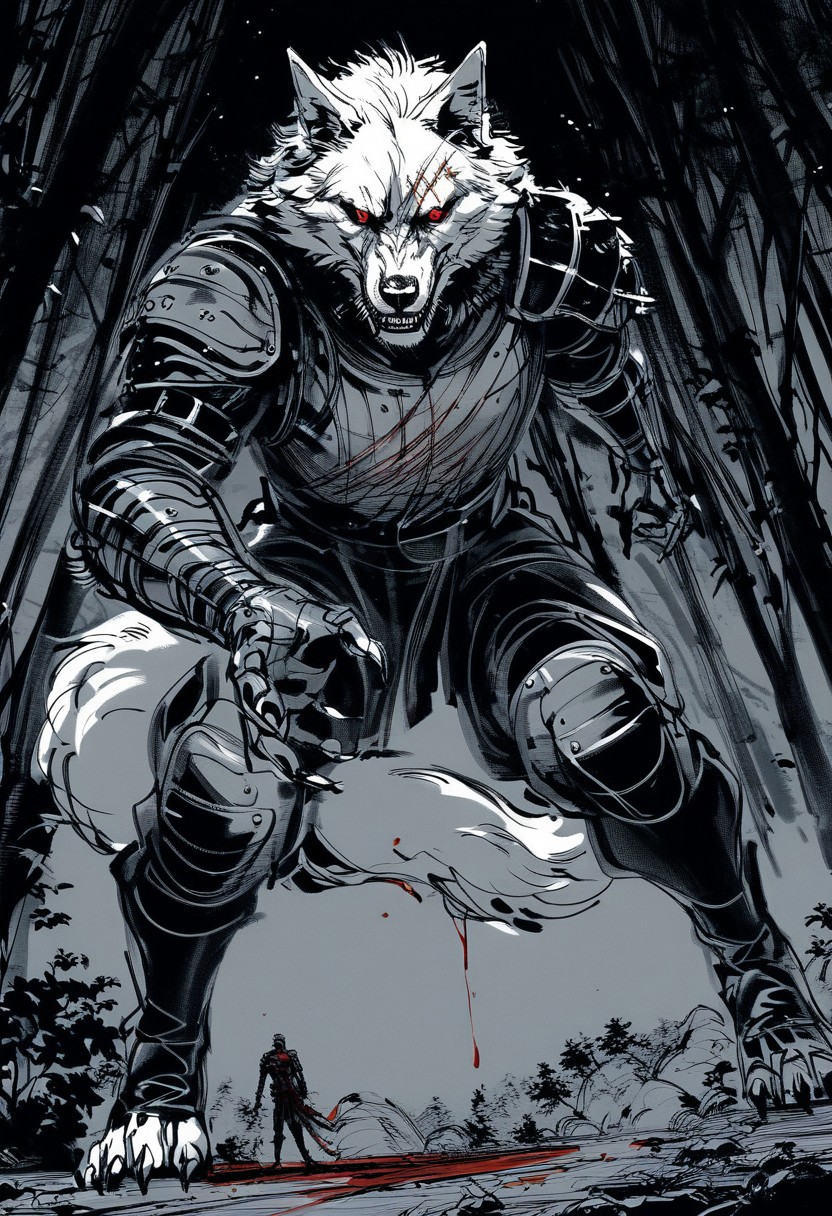 yoji_shinkawa,sketch,  Giant wolf, dynamic pose, (perspective:1.2), close up  cuts, scratches, wounds, red eyes, teeth, white fur, tail, dripping blood, full body, scary,  leather armor, medieval armor, black theme, forest, rocks, plants, night, dark, blood  <lora:Yoji_v2-000014:0.85>, score_8_up, score_7_up, score_6_up