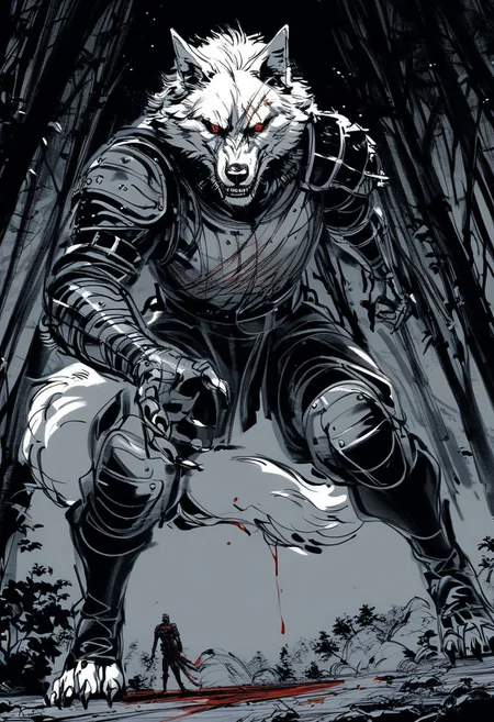 yoji_shinkawa,sketch,  Giant wolf, dynamic pose, (perspective:1.2), close up  cuts, scratches, wounds, red eyes, teeth, white fur, tail, dripping blood, full body, scary,  leather armor, medieval armor, black theme, forest, rocks, plants, night, dark, blood  <lora:Yoji_v2-000014:0.85>, score_8_up, score_7_up, score_6_up