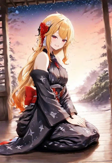 masterpiece,best quality, absurdres, anime style, CG,
cinematic lighting, natural shadow, highest detail, detailed background, intricate scenery, depth of field, insane details, intricate, subsurface scattering,
1girl, very aesthetic, dutch angle, cinematic angle, from side, from front, front view,
serene atmosphere, happy smile,
outdoors, veranda, garden, sky, evening light, night sky, stars,
finely detailed face, beautiful face,
<lora:kaelaIL:0.85> kaelaIL, kaelakimono, japanese clothes, black kimono, wide sleeves, hair flower, bare shoulders, long hair,
<lora:zarei_illustrious_V1.0:0.7> zarei, seiza, kimono,Forward bend,hands together, hands on lap,
<lora:InkWashpainting:2>