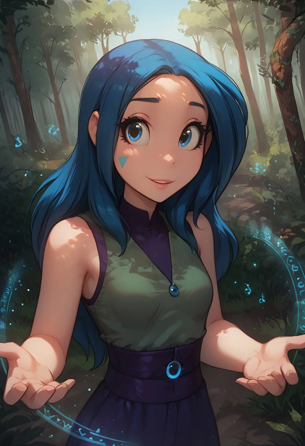 score_9, score_8_up, score_7_up, score_6_up, score_5_up, score_4_up, masterpiece, best quality, very aesthetic, absurdres, (masterpiece), highest quality, upper body, 1girl, sorceress, (solo),
sealeen-twokinds, human, blue eyes, long hair,
green dress, blue pants, sleeveless, thick eyeliner, perfect face, slim, small breasts, (symmetrical), eyelashes_through_hair,
beautiful detailed face, slim, small breasts, (confident smile), hands pulsating with blue magic energy, (blue magic effects), (casting spell), dynamic pose, blue magic particles, glowing particles, outdoors, daytime, serene forest, detailed background, blurry background