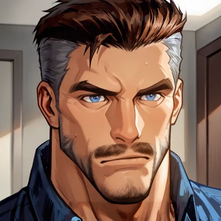 <lora:J._Jonah_Jameson__Marvel-000006:.8> J. Jonah Jameson, Blue eyes, brown hair, gray hair on sides, mustache,
face focus, close-up, 
(very short hair, beard, bara, mature, facial hair, stubble, beard, full beard, sideburn, beard, a lot of beard, ), facial hair,male focus, muscular male, muscular male, bara, mature,  bara, mature, aixiwuganda_(20222192), very awa, masterpiece, best quality, absurdres, newest, perfect quality, detailed background, intricate details,
<lora:slider_Body Type_alpha1.0_rank4_noxattn_last:3><lora:style_Anime Summer Days 2 Style SDXL_LoRA_Pony Diffusion V6 XL:.6><lora:slider_cfg_scale_boost:.7><lora:Artist6p:.55>, Artist6p, Artist04p,<lora:slider_il_brightness_slider_d1:-1><lora:slider_il_contrast_slider_d1:-1><lora:slider_DarkSlider1.2_alpha1.0_rank16_full_300steps:-.6>