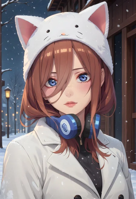 score_9,score_8_up,score_7_up,score_6_up, source_anime, woman, dynamic pose, depth of field, dynamic angle, fashion photography, sharp, hyperdetailed:1.15
BREAK
miku nakano, long hair, bangs, blue eyes, brown hair,earphones, hair between eyes, , ,, medium breasts, , , slim body, extreme face detail
BREAK
, half body, waist up,white hat,cat ear hat,snow coat,outside,snowfall, pose sexy