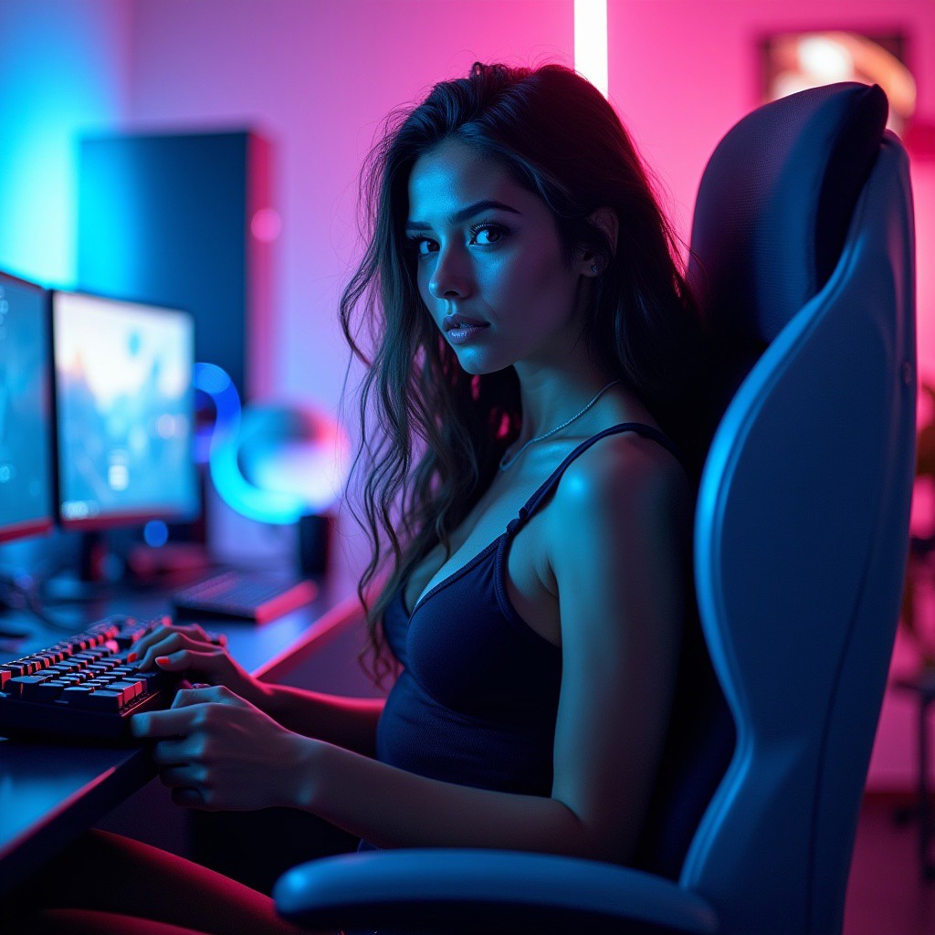 Create a highly detailed and visually stunning photograph of a beautiful female gamer in her late 20s, with a slim and athletic build. She is sitting confidently in a high-tech gaming chair, surrounded by a vibrant, futuristic gaming setup with neon lights illuminating the scene. The background features glowing screens and gaming equipment, casting a soft blue and pink glow on her. Her long, flowing hair is styled elegantly, and she’s wearing a sleek, futuristic outfit that subtly accentuates her figure. Her face shows focus and determination as she grips a high-end gaming controller, her striking eyes glowing with the light from the screens. The lighting should enhance her beauty, with deep shadows and high-contrast reflections highlighting her sharp features and the glossy texture of the gaming setup. The overall scene should feel dynamic, modern, and slightly sensual, capturing the intensity and allure of a top-tier gamer in action.
