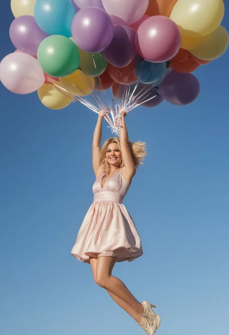 A pretty woman with blonde hair being held aloft by balloons