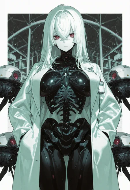 (nyalia:0.8), Yoneyama Mai, (asanagi:0.25),1girl, skeleton, colored skin, white skin, white hair, breasts, multicolored skin, black skin, long hair, large breasts, two-tone skin, robot, open coat, lab coat, open clothes, android, looking at viewer, mechanical parts, ribs, white coat, hair between eyes, drone, coat, non-humanoid robot, solo, science fiction, spine, white background, hands in pockets, closed mouth, crossed bangs,,masterpiece, best quality, newest, absurdres, highres, very awa, detail pupil, detail background <lora:None:1.0> <lora:ub1mo_V2_illnoob_eps1.1ï¼æ¸
æ°ææç线æ¡ï¼ç»å¯¹éæèº¯ä½ç表ç°ï¼è¿æå¤§å¤§çä¹³æ¿ï¼-noob:0.7500000000000001> <lora:omone_hokoma_agmV4_é¿æéAGM-Illustrious:0.3500000000000001> <lora:æ¦å
å´-Takeuchi_Takashi_(type-moon,fate)_styleââEL3GY-noob:0.3500000000000001> <lora:æ¬åºé·å¤ª-Honjou_Raita_Style-IllustriousXL:0.5000000000000001> <lora:æ¶å-ebonyxh_style_LoRA_for-Illustrious:0.3500000000000001> <lora:æ¬åºé·å¤ª(800M+)-Raita_Style-Illustrious:0.3500000000000001>