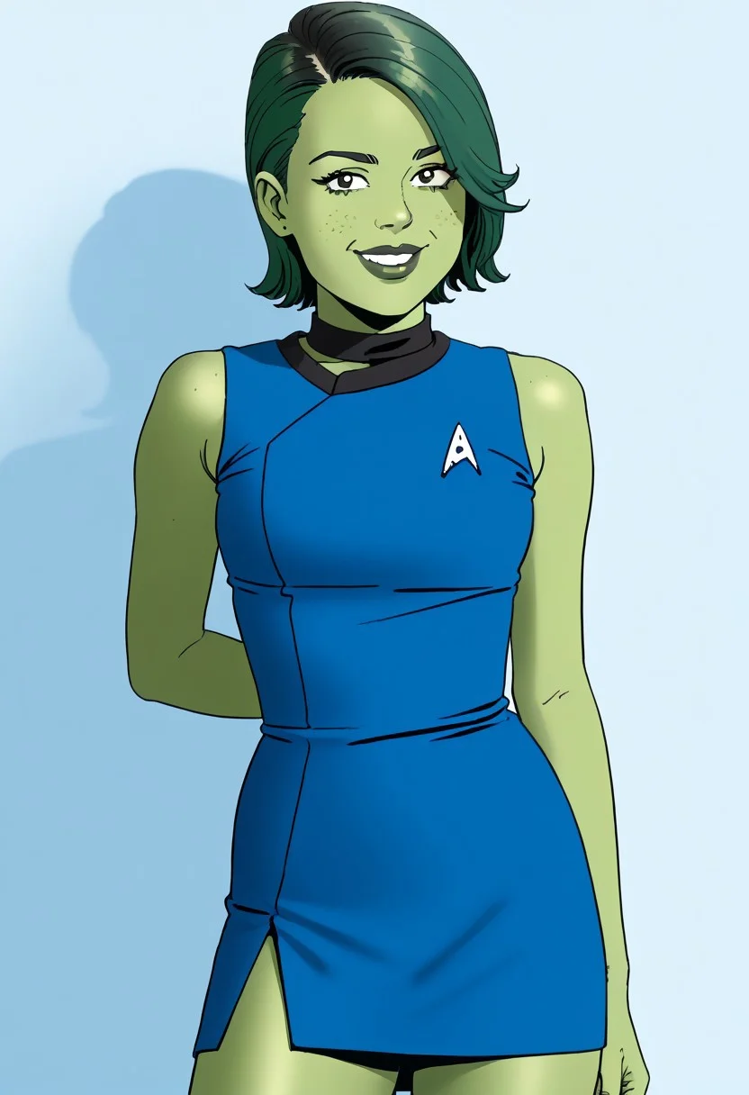 score_9, score_8_up, score_7_up, score_6_up, (chiaroscuro lighting) source_cartoon, f3rn4nd0, line art. BREAK. 1girl, tendi, adult woman, (green skin:2), green skin hands, big hips, skinny thighs, narrow waist, sexy, face focus, ((skinny)), (green hair:2), tendi's hair style (short hair, side cut), (((cute face))), very detailed facial features, brown eyes, realistic eyes, extremely detailed eyes, extremely detailed iris, extremely detailed nose, perfect nose, big smile, small breasts, small perfect tits, wearing a (TOS star trek uniform, blue uniform, dress uniform short dress, side slit, sleeveless dress), bare arms, facing viewer, looking at viewer