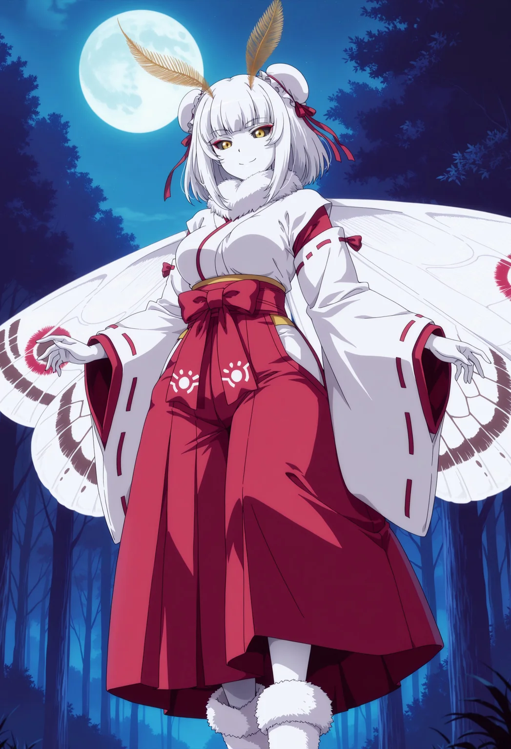 safe_pos, (masterpiece, best quality), anime coloring,
1girl, moth girl, arthropod girl, monster girl, silver hair, short hime cut, short hair, double bun, double bun, bun cover for double bun, golden bun cover, red hair ribbon, white skin, yellow eyes, black sclera, red eyeshadow, japanese clothes, white sleeves, long sleeves, wide sleeves, white kimono, red hakama, medium breasts, smile, moth antennae, feather antennae, neck fur, fur collar, white fur, white wings, moth wings, white fur boots
BREAK
outdoors, night, forest, moon
