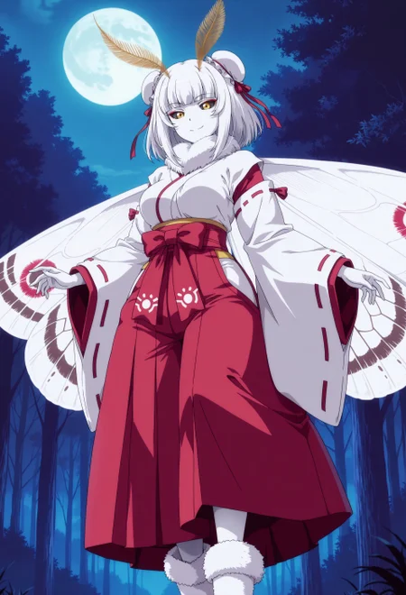 safe_pos, (masterpiece, best quality), anime coloring,
1girl, moth girl, arthropod girl, monster girl, silver hair, short hime cut, short hair, double bun, double bun, bun cover for double bun, golden bun cover, red hair ribbon, white skin, yellow eyes, black sclera, red eyeshadow, japanese clothes, white sleeves, long sleeves, wide sleeves, white kimono, red hakama, medium breasts, smile, moth antennae, feather antennae, neck fur, fur collar, white fur, white wings, moth wings, white fur boots
BREAK
outdoors, night, forest, moon