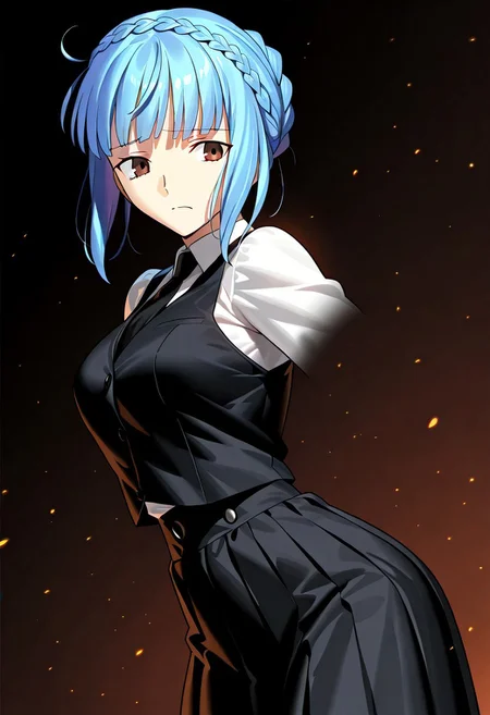 ((masterpiece, best quality, amazing quality, very aesthetic, absurdres)),
Takeuchi takashi, ((solo)), peaceful, worried, closed mouth, 1girl, (medium breasts, thin waist, wide hips), ((marianne_fire_emblem)), (((blue hair, brown eyes))), (((eyebags, slight eyebags))), ((short hair, braided hair)), (((white shirt, collared shirt, black tie, black vest, long skirt, black skirt))), no background, dark background, sideshot, cowboy shot, dark background, portrait,