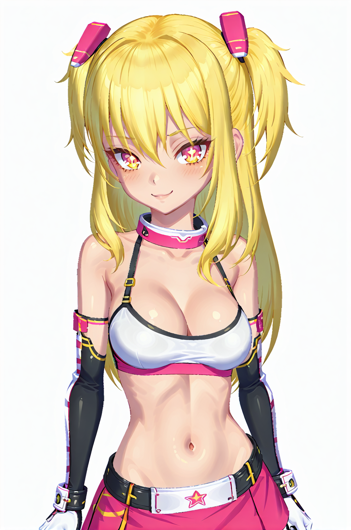 spikaPangya, long hair, blonde hair, +_+, star-shaped pupils, multicolored eyes, yellow eye, pink eye, starySet, hair ornament, bare shoulders, white knee boots, star print, belt, pink miniskirt, crop top, midriff, elbow gloves, bra, standing, upper body, smile, 1girl, solo, looking at viewer, white background,
 <lora:spikaPangyaIlustV3.0-000006:1>