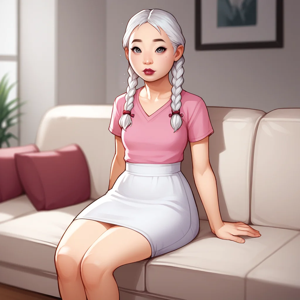 score_9_up, score_8_up, BREAK, Asian, 1girl, solo, white hair, twin braids, grey eyes, lipstick, pink top, white skirt, cowboy shot, <lora:AsianWoman_Face_PXL_Leaf1:1>,  sitting, on couch, living room, depth of field,