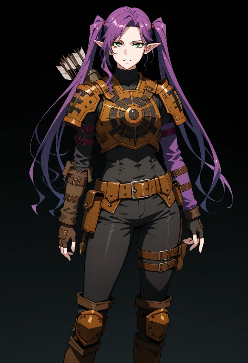 masterpiece, best quality, highly detailed, ultra-realistic, score_9, score_8_up, score_7_up, score_6_up,
1woman, solo, sporty female, mature girl, big woman, warrior women, Imina, slim, elf, twintails, long face, (hellsing style), nice skin, long hair, purple hair, green eyes, looking at viewer,
aesthetic, pauldron, light armor, brown leather armor, fingerless gloves, circle breastplate, quiver, black turtleneck, belt, pouch, boots, purple arm belts, hip belts, armored knee pads, classy, elegant, stylish,
stands proudly, tall woman, nice hips, psycho smile, teeth, detailed eyes, detailed face, empty hands,
fit, toned, stands proudly, outdoors, (black background:1.2), <lora:Imina_Overlord:1.2>