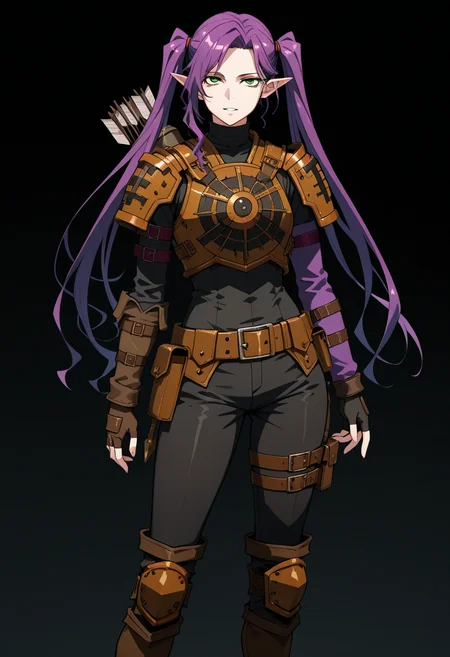 masterpiece, best quality, highly detailed, ultra-realistic, score_9, score_8_up, score_7_up, score_6_up,
1woman, solo, sporty female, mature girl, big woman, warrior women, Imina, slim, elf, twintails, long face, (hellsing style), nice skin, long hair, purple hair, green eyes, looking at viewer,
aesthetic, pauldron, light armor, brown leather armor, fingerless gloves, circle breastplate, quiver, black turtleneck, belt, pouch, boots, purple arm belts, hip belts, armored knee pads, classy, elegant, stylish,
stands proudly, tall woman, nice hips, psycho smile, teeth, detailed eyes, detailed face, empty hands,
fit, toned, stands proudly, outdoors, (black background:1.2), <lora:Imina_Overlord:1.2>