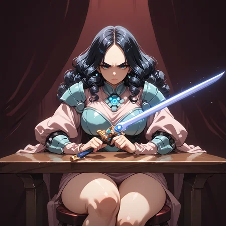 PonyScores7, source_anime, ah1, 1girl, (curly hair), long hair, (black hair), mature female, (parted hair), (round face:1.2), (no_bangs), (no_fringe), (thick eyebrows), (curvy), round-chin, (greenish hazel eyes), caucasian, (downturned eyes:1.2), (plump face), <lora:ETO_OCPonyXL:0.7> eto_oc, skindentation, (plump:1.2), thick thighs, wide hips, busty, voluptuous, kinky curls, lips, bad-hands-5, <lora:venus body PonyXL:0.6>, <lora:xl_more_art-full_v1:0.2>, <lora:shinyskin2:0.2> glistening skin, <lora:aesthetic_anime_v1s:0.2>, <lora:Expressive_H:0.2> Expressiveh, <lora:hairdetailpxl:0.2> hairdetailpxl, <lora:EpicF4nta5yXL:0.2>, <lora:detailxl:0.2> detailxl, <lora:Fant5yP0ny:0.2>, best quality, amazing quality, best aesthetic, absurdres, <lora:expressive eyes:0.2> expressive eyes, <lora:eyedetailpxl:0.2> eyedetailpxl, illustration, Volumetric_Lighting, ultra-detailed, very aesthetic, intricate details, 8k, masterpiece, best_quality, (disgusted , half-closed eyes, disappointed), (In-The-Moment Perspective shot), (Sitting on a stool, legs crossed, with an artist's palette and brush, immersed in creativity), (Private Dining Room, elegant setting with a large dining table, luxurious decor, soft lighting, a personal chef preparing a gourmet meal, intimate ambiance), <lora:Eyes_High_Definition:0.2> EyesHD, looking at viewer, <lora:Pony_Mecha_Knight_-_By_HailoKnight:0.7> sci-fi, (wearing blue violet mecha armor), holding a glowing sword, sci-fi, hkmecha, AS-MidAged, <lora:Plasma_Sword:0.8> Plasma Sword, Holding Plasma Sword <lora:XL_Weapon_Curved_Sword_Slash-_By_HailoKnight:1> Curved Sword Slash