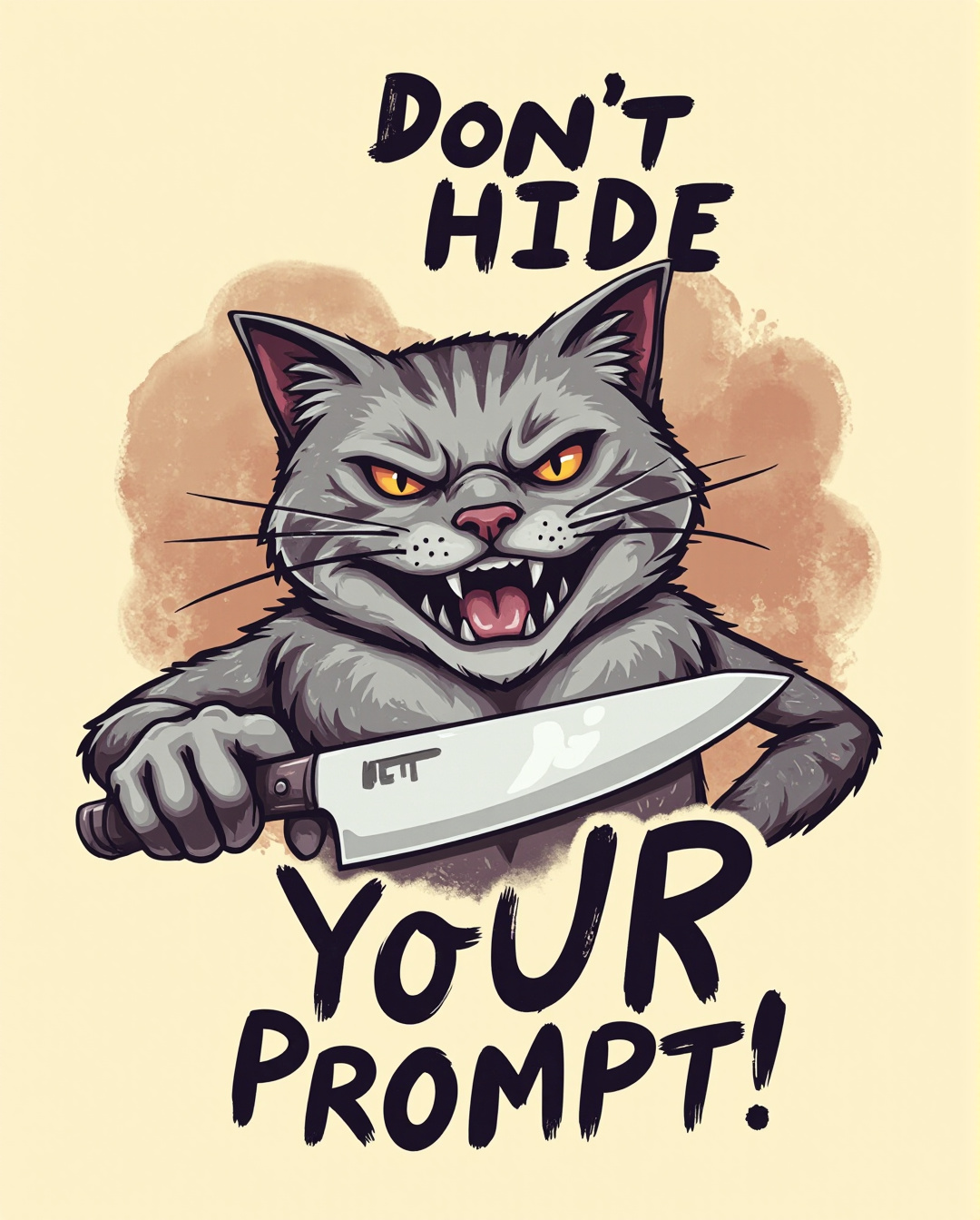 The image is a humorous, cartoon-style illustration with a touch of dark humor, aimed at encouraging creativity and transparency in art. The central character is a cat-like anthropomorphic creature, drawn with exaggerated, mischievous expressions that enhance the playful message.

The Cat has shaggy, dark-gray fur with subtle brownish undertones, adding depth and texture to its appearance. Its fur is drawn with visible brushstrokes, giving a slightly rough and painted look, adding to the hand-drawn, traditional illustration style. The ears are large, triangular, and perked up, one tilting slightly to emphasize the creature's intense focus. Its muzzle is prominently detailed, with a lighter, almost creamy shade contrasting against the darker fur, which highlights its sharp, toothy grin. This expression conveys a mix of cunning and amusement, with one eyebrow cocked higher than the other, suggesting a playful, almost menacing vibe.

In one hand, the creature holds a silver knife with a wooden handle, gripping it firmly but casually, as if it’s part of a humorous threat. The knife is drawn with minimal shading, but the sharpness is implied through the way it's angled, catching the viewer’s attention immediately. Despite the slightly unsettling presence of the knife, the character’s expression maintains a light-hearted, cartoonish quality, making the image feel more playful than threatening.

Behind the creature, bold, capitalized text reads, "DON'T HIDE YOUR PROMPT!" The letters are thick and textured, with a hand-painted look, as if they were created with thick brush strokes. The text is black, with a slight shadow effect that makes it pop out against the pale beige background. The letters are unevenly spaced and irregularly shaped, adding to the whimsical, handmade feel of the artwork. Each word is stacked vertically, creating a visually balanced composition where the character appears between the words, becoming an integrated part of the message.

The background is a plain, light beige, allowing the character and text to stand out without any distractions. There’s a sense of depth, created by the simple shadows and brush-like textures, giving the image a vintage poster-like quality. The text and character are both positioned to maintain visual focus, guiding the viewer's eyes naturally from the top to the bottom of the image.

The message, “DON’T HIDE YOUR PROMPT!” is likely an inside joke for digital artists, especially those familiar with AI art and image generation. It humorously warns creators not to withhold or obscure the details of their prompts, suggesting a call for transparency and sharing within the creative community. The playful threat conveyed by the knife-wielding character adds an amusing edge, making the message memorable and impactful.

Overall, the image combines elements of cartoon humor, vintage design, and AI art community culture. The exaggerated features, comical expression, and direct call-to-action text make this an engaging, light-hearted piece that speaks to creatives who may understand the reference and appreciate the encouragement to be open about their creative process.
