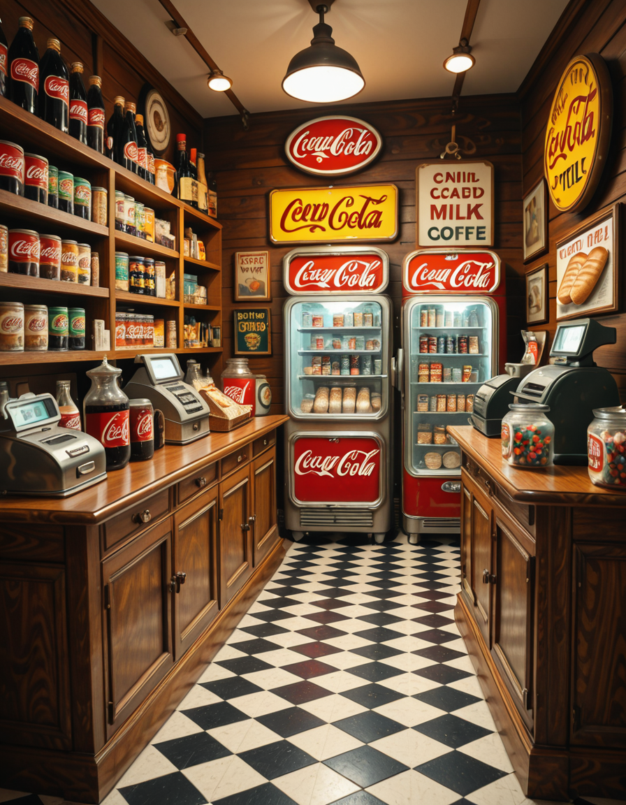 A vintage 1950s grocery store filled with nostalgic details. Wooden shelves neatly stocked with classic canned goods, glass soda bottles, and colorful retro packaging. An old-fashioned cash register sits on the wooden counter, next to a small scale for weighing produce. The checkered black-and-white tile floor adds to the mid-century charm, while hand-painted signs on the walls advertise milk, bread, and coffee in bold, retro fonts. A display of penny candy in glass jars sits near the entrance, and a vintage Coca-Cola refrigerator hums in the background. Soft, warm lighting casts a nostalgic glow over the scene, enhancing the rich textures of wood, glass, and metal, capturing the essence of a bygone era.
<lora:SDXLFaeTastic2400:0.4> <lora:extremely_detailed:0.4> extremely detailed
,1950s grocery st0r3, <lora:1950s_grocery_st0r3-i:1>, Masterpiece,best quality,hi res,8k,hi res,8k,award winning,(sharp focus, intricate, highly detailed),