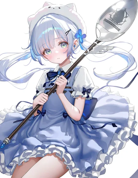 xuenai,1girl,looking at viewer,white background,blue hair,cowboy shot,simple background,<lora:xuenai-000016:1>,sitting,holding,holding spoon,oversized object,spoon,, masterpiece, best quality, very aesthetic, absurdres,newest, incredibly absurdres,, (artist:reoen:0.826446),(artist:machi:0.9),(artist:ningen_mame:0.9),(artist:sho_(sho_lwlw):0.9),(artist:rhasta:0.9),(artist:wlop:0.7),(artist:ke-ta:0.6),(fkey:0.5),(tianliang duohe fangdongye:0.5),(hiten \(hitenkei\):0.6),best quality,amazing quality,(artist:onineko:0.826446),very aesthetic,bokeh