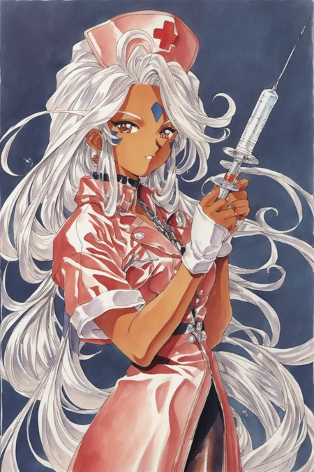 Urd,1girl,solo,nurse,syringe,long hair,hat,forehead mark,facial mark,nurse cap,pantyhose,retro artstyle,dark skin,white hair,dark-skinned female,very long hair,traditional media,score_9,score_8_up,<lora:Kosuke Fujishima_XL_PONY_OM:0.9>,