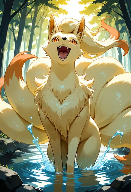 masterpiece, best quality, solo, forest, zzNinetales, female, amber eyes, playing, in crystal-clear pond, glowing water ripples, serene and tranquil atmosphere, soft lighting, detailed water effects, fur, fluffy tails, fluffy body, (partially submerged), wet fur, warm lighting, action shot, happy, joyful, splashing, mouth open, teeth, fangs