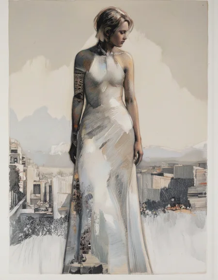 . A photo-realistic painting of a silhouette of a woman in a form-fitting white dress, standing in a minimalistic, abstract composition. the woman, who appears to be in her mid-twenties, is positioned in the center of the image, facing away from the viewer, with her full body visible from the camera. she is wearing a long, flowing white dress with a high neckline and a fitted bodice that accentuates her figure. her hair is styled in a short, neat manner, and her eyes are not visible in the image. her body is slim and her expression is serene, as if she is lost in thought. the background is a mix of muted colors, including shades of white, gray, and black, with a subtle texture that adds depth and dimension to the painting. the painting is framed in a simple, minimalist style, with no other objects or decorations in sight. the overall effect is one of calmness and serenity, with the woman's figure standing out against the abstract background.