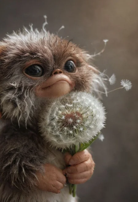 amazing quality, masterpiece, best quality, hyper detailed, ultra detailed, UHD, perfect anatomy, portrait, dof, hyper-realism, majestic, awesome, inspiring, - a fluffy cute #giz# with large friendly eyes Holding a dried dandelion to welcomijg Out Alien Nation friends.. with human perfect teeth and smile, cinematic composition, soft shadows, national geographic style,