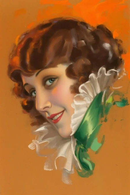 rolfarmstrong1 illustration.
 rolfarmstrong1 illustration. A woman with a warm, inviting expression. Her hair is styled in voluminous curls, and she wears a decorative white and green ruff around her neck. She is turning her head slightly towards the left. The background is a soft, earthy brown, and the edges are framed with a vibrant <lora:rolfarmstrong1_cap_d8a4:1.0><lora:862551552110403849:0>