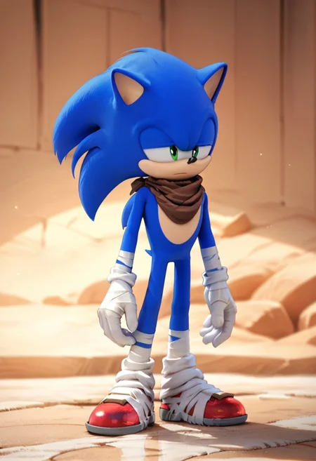 score_9, score_8_up, score_7_up, score_6_up, highly detailed,Good Colors, Good Shading, Good Eyes, Contrast Shading, male focus, 1boy, alone, Sonic, furry male, blue fur, green eyes, brown scarf, white gloves, red shoes, white bandages